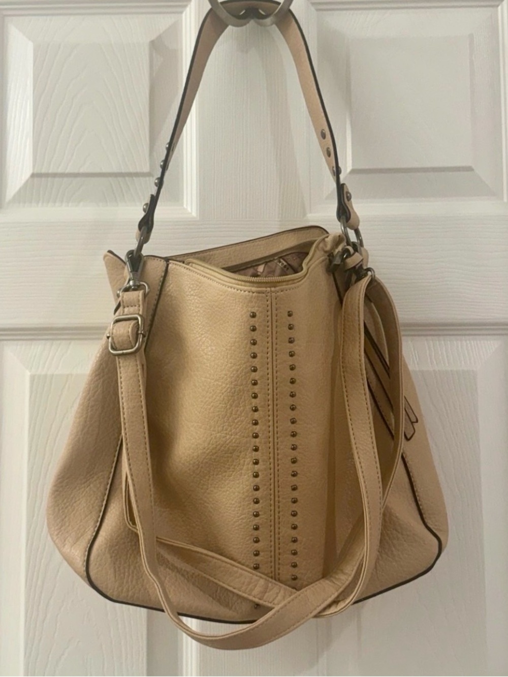 Wrangler by Montana West Studded Vegan Leather Hobo Crossbody Bag Beige